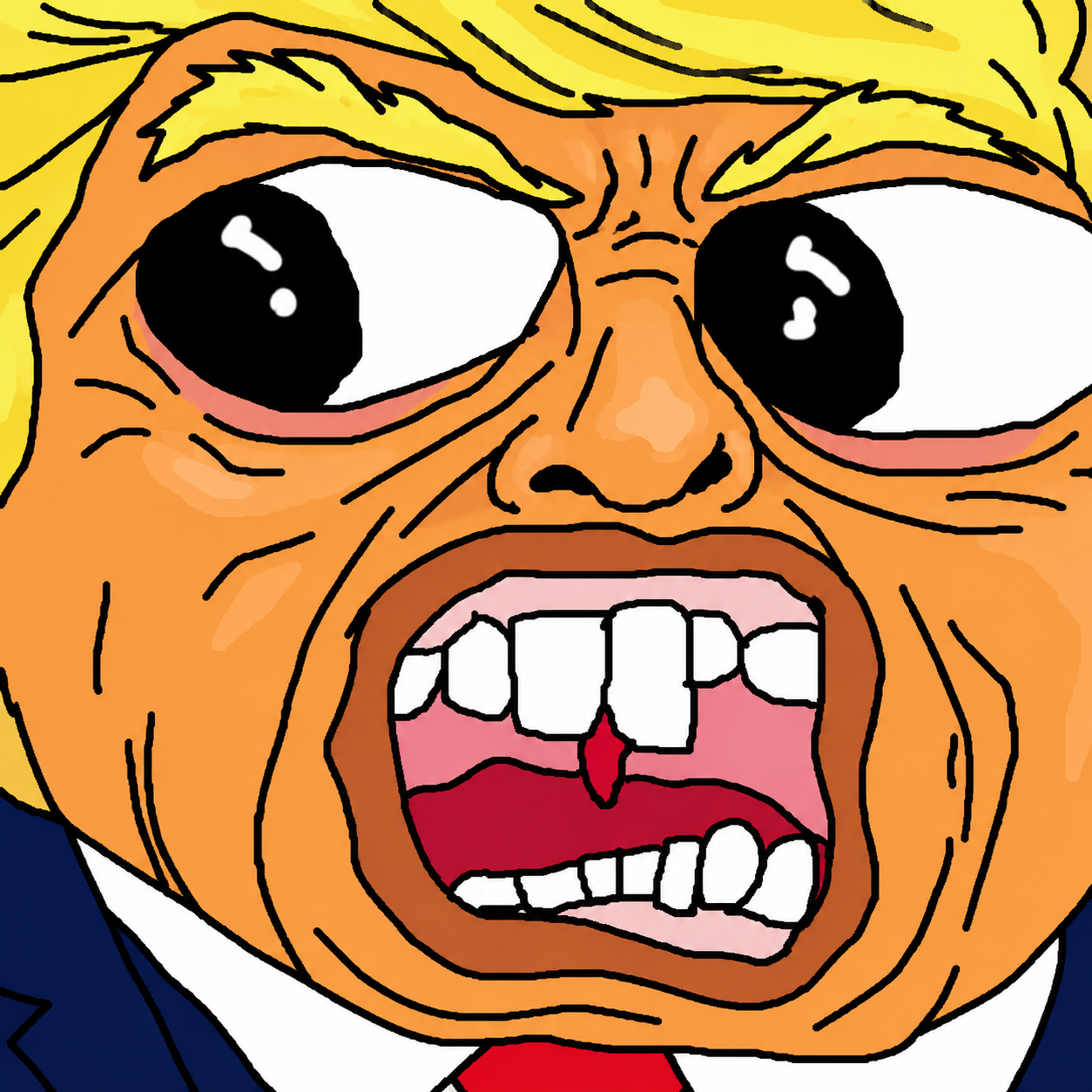 Hand-drawn, orange-faced cartoon character with bright yellow hair, wide eyes, and a dramatic open-mouthed expression.